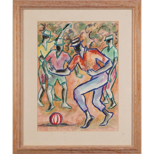 598 - Figures playing football, African school gouache and watercolour on paper, mounted, framed and glaze... 