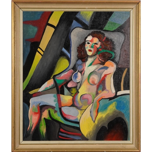 677 - Manner of Arthur Beecher Carles - Abstract composition, seated nude female, American school oil on c... 