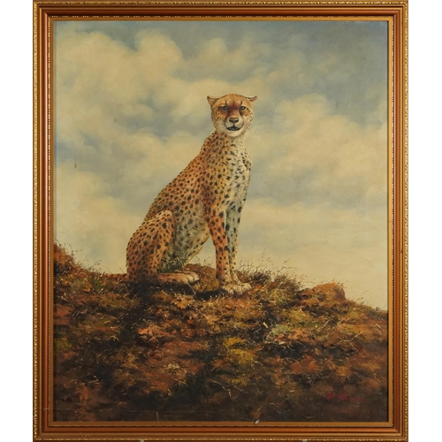 501 - Seated cheetah in a landscape, impasto oil on canvas, indistinctly signed, possibly P Newman, mounte... 