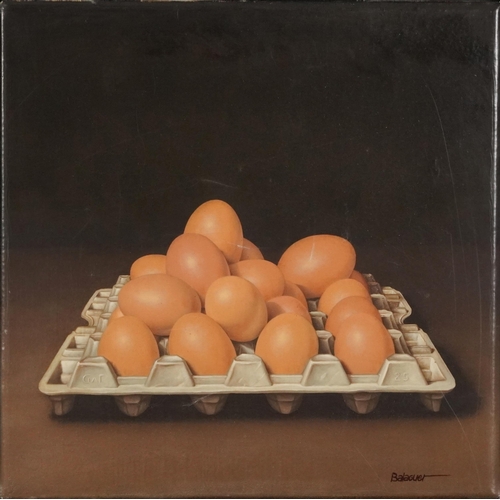 73 - Balaguer - Still life eggs in a carton, oil on canvas, Halcyon Gallery, London label and details ver... 