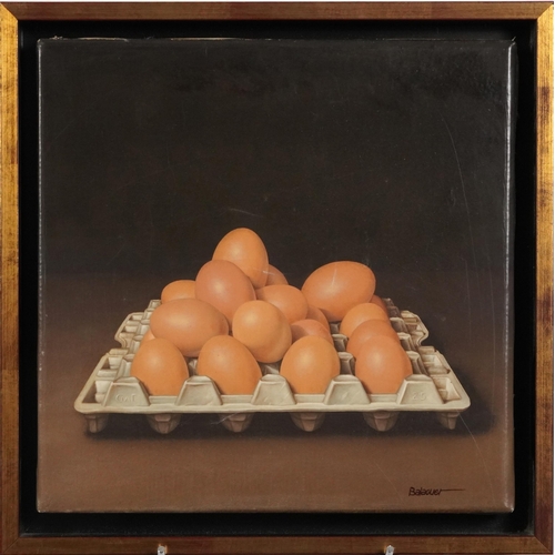 73 - Balaguer - Still life eggs in a carton, oil on canvas, Halcyon Gallery, London label and details ver... 