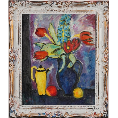 482 - Still life flowers and vessels, Scottish Colourist school oil on board, mounted and framed, 50cm x 3... 