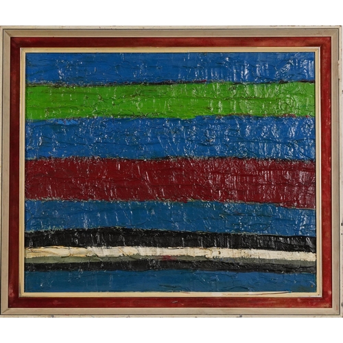 794 - Abstract composition, geometric shapes, American school impasto oil on board, mounted and framed, 59... 