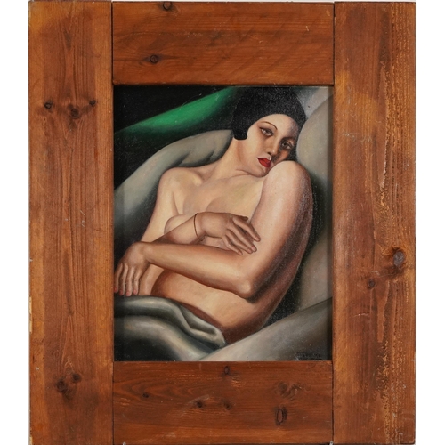 524A - Manner of Tamara de Lempicka - Reclining nude Art Deco female, Polish school oil on board, framed, 5... 