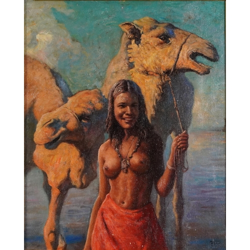 219 - After Adam Styka - Semi nude female before camels, Orientalist school oil on board, mounted and fram... 