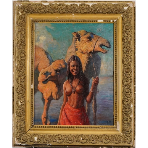 219 - After Adam Styka - Semi nude female before camels, Orientalist school oil on board, mounted and fram... 