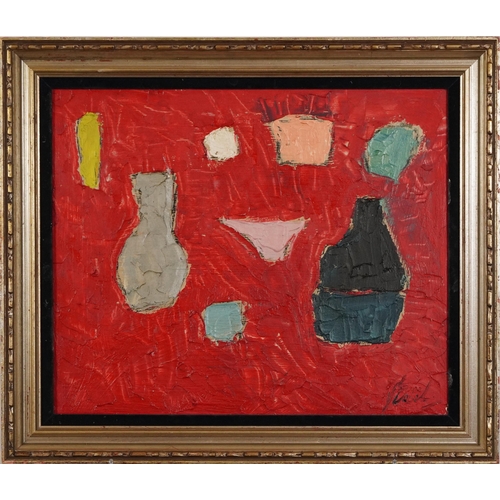 705 - Abstract composition, still life vessels, impasto oil on canvas, mounted and framed, 52cm x 43cm exc... 