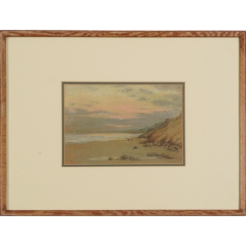 548 - Coastal landscape with two figures at dusk, watercolour, indistinctly signed and dated, mounted, fra... 