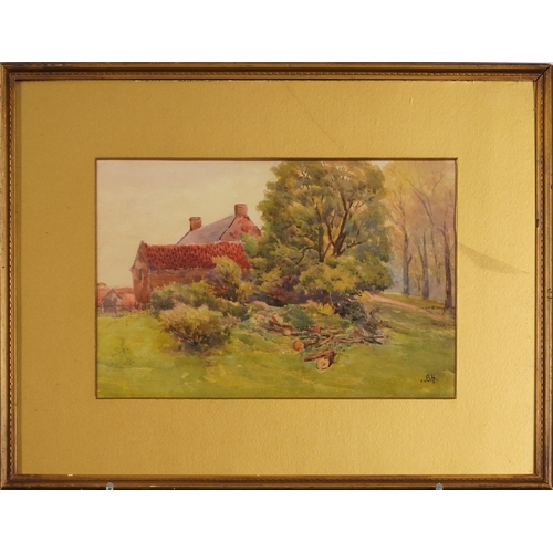 600 - Rural landscape with farm buildings, watercolour, monogrammed B H, W Herbert Yates, Twickenham label... 