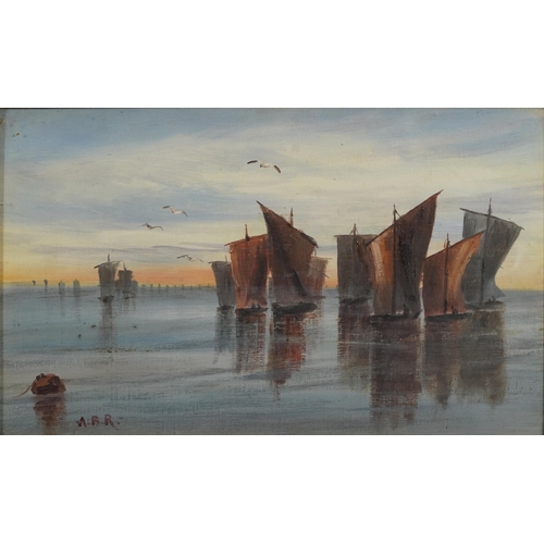 220 - Sailing junks and seagulls in an estuary, gouache, monogrammed A B R, framed, 39cm x 24cm excluding ... 