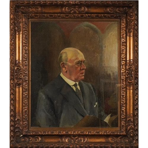 102A - Head and shoulders portrait of a gentleman wearing a suit and spectacles, 1920s English school oil o... 