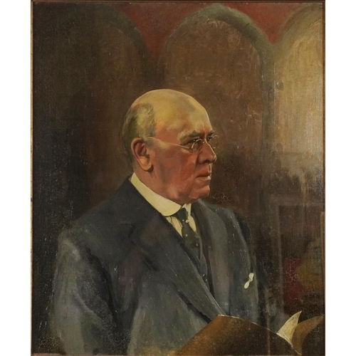 102A - Head and shoulders portrait of a gentleman wearing a suit and spectacles, 1920s English school oil o... 