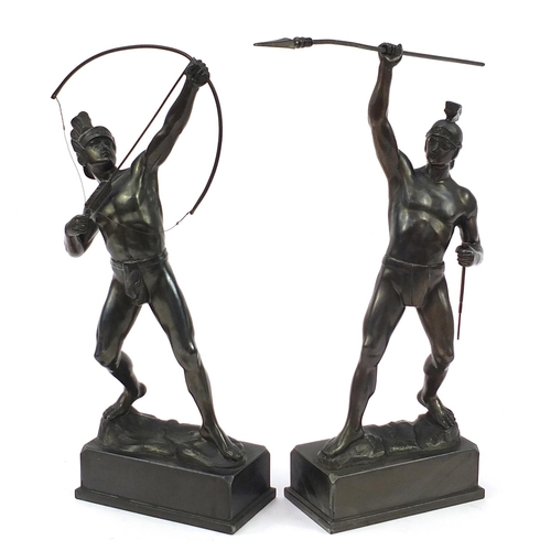 839 - Pair of spelter Roman gladiator figures, each 41cm high