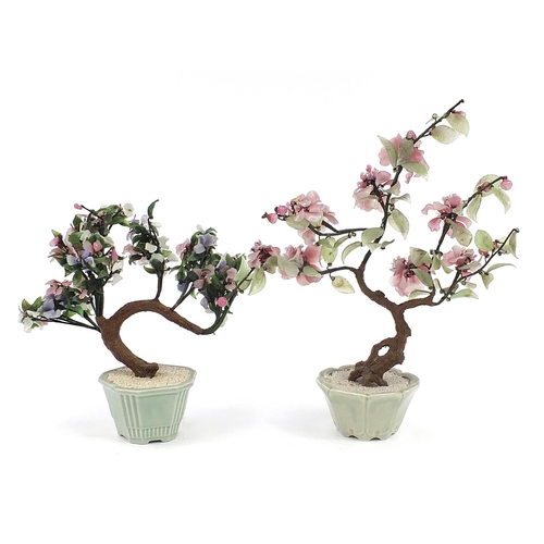 520 - Two large Chinese glass bonsai trees housed in celadon planters, the largest 50cm high