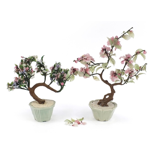 520 - Two large Chinese glass bonsai trees housed in celadon planters, the largest 50cm high