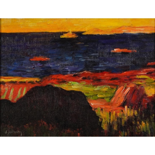 1053 - Manner of Alexej von Jawlensky - Coastal landscape, Expressionist oil on board, mounted and framed, ... 