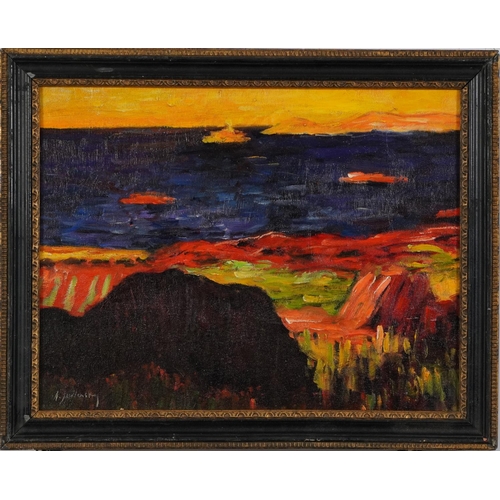 1053 - Manner of Alexej von Jawlensky - Coastal landscape, Expressionist oil on board, mounted and framed, ... 