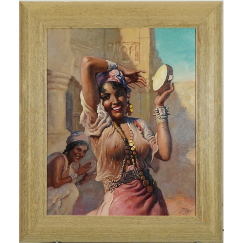 638 - After Adam Styka - Two females playing instruments, Orientalist school oil on board, framed, 49.5cm ... 