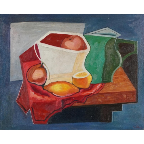 103 - After Vanessa Bell - Abstract composition, still life fruit and vessels, oil on board, framed, 51cm ... 