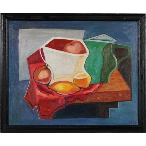 103 - After Vanessa Bell - Abstract composition, still life fruit and vessels, oil on board, framed, 51cm ... 