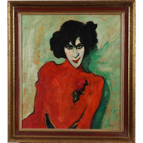 29 - Manner of Alexej von Jawlensky - Top half portrait of a female wearing red, Expressionist oil on boa... 