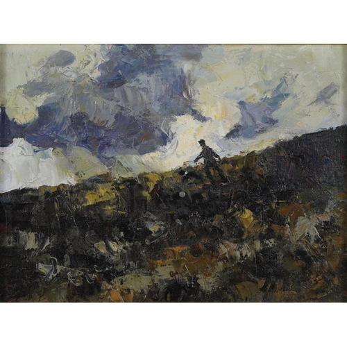 352 - Moorland landscape with figure and dog, Welsh School oil on board, framed, 40cm x 30cm excluding the... 