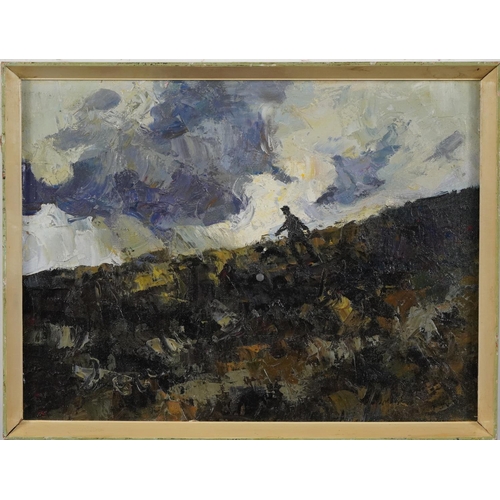 352 - Moorland landscape with figure and dog, Welsh School oil on board, framed, 40cm x 30cm excluding the... 