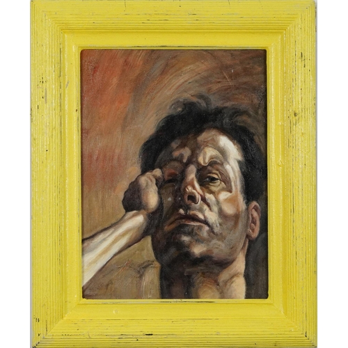 268 - Manner of Lucien Freud - Self portrait, oil on board, mounted and framed, 40cm x 29.5cm excluding th... 