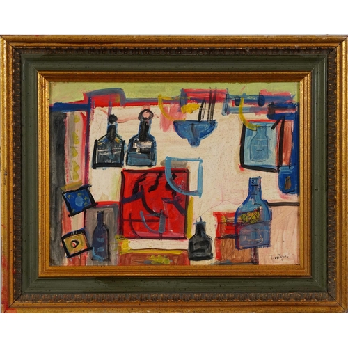 451 - Abstract composition, still life vessels, St Ives school oil on board, mounted and framed, 29cm x 21... 