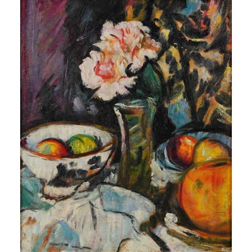 176 - Still life flowers, fruit and vessels, Scottish Colourist school oil on board, mounted and framed, 3... 