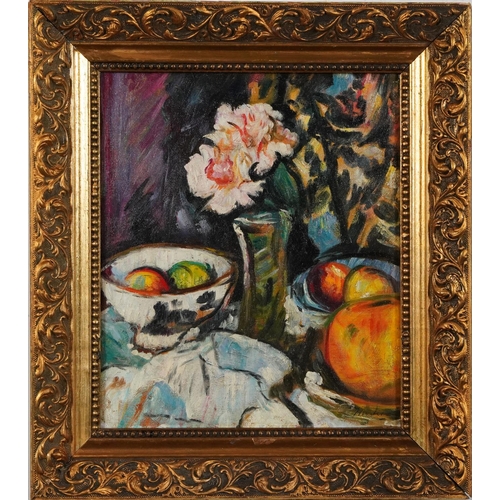 176 - Still life flowers, fruit and vessels, Scottish Colourist school oil on board, mounted and framed, 3... 