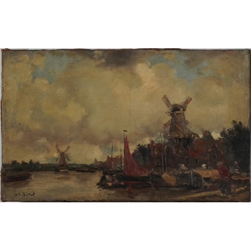 319 - Continental harbour scene with windmills, oil on canvas, indistinctly signed, unframed, 80cm x 50cm