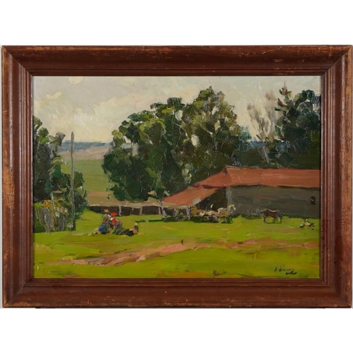 266 - Farm buildings with figures and horses, Post-Impressionist oil on board, mounted and framed, 44.5cm ... 