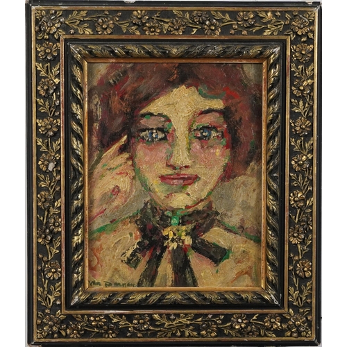 149 - Head and shoulders portrait of a female, French school Post-Impressionist oil on board, bearing Fren... 