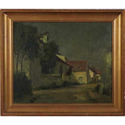 770 - Village landscape at dusk, continental school oil on canvas, framed, 45cm x 37cm excluding the frame