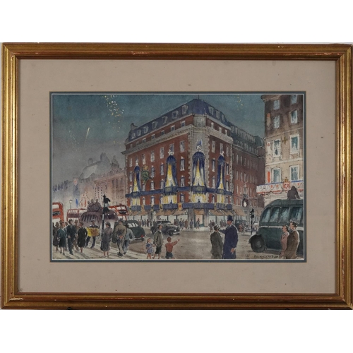 549 - Piccadilly, busy London street scene, ink and watercolour, Melford Fine Arts label verso, mounted, f... 