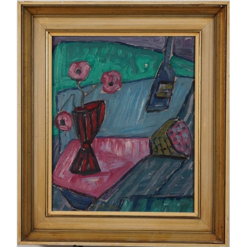 399 - Still life flowers and vessels, oil on board, mounted and framed, 42cm x 34cm excluding the mount an... 