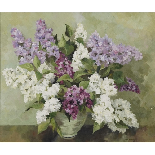 386 - Joan Hadfield - Still life flowers in a vase, oil on canvas, Winsor & Newton stamp verso, mounted an... 