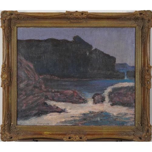 121 - Cape Elizabeth, rocky coastal landscape, American school oil on canvas, mounted and framed, 60cm x 5... 