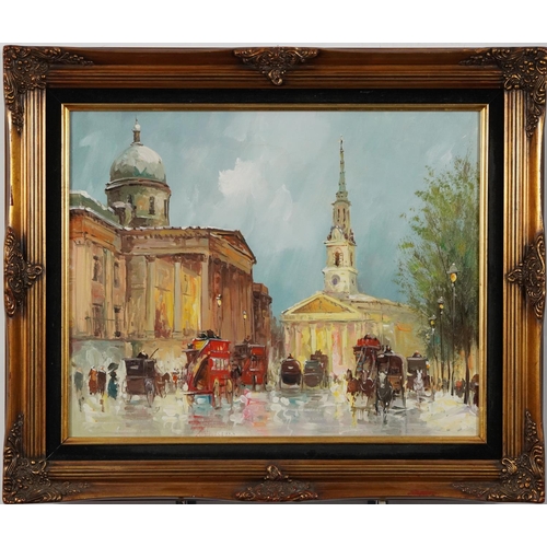 177A - Busy London street scene with St Pauls Cathedral, Impressionist oil on canvas, mounted and framed, 4... 