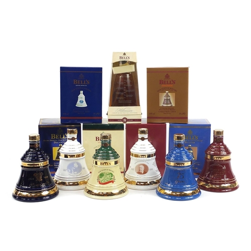 961 - Six Bells 8 Year whisky commemorative sealed decanters with contents and boxes including Prince of W... 