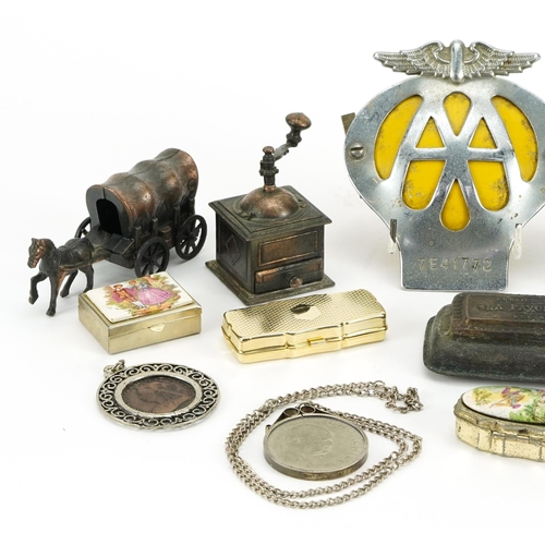 758 - Objects including AA car radiator badge, military interest belt buckle and novelty pencil sharpeners