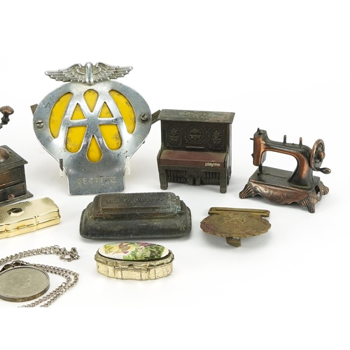 758 - Objects including AA car radiator badge, military interest belt buckle and novelty pencil sharpeners