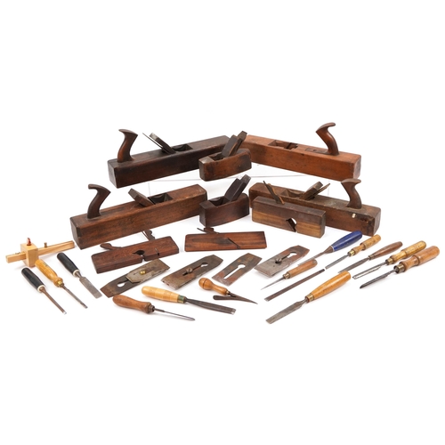 687 - Collection of vintage woodworking planes and chisels, the largest 42cm in length