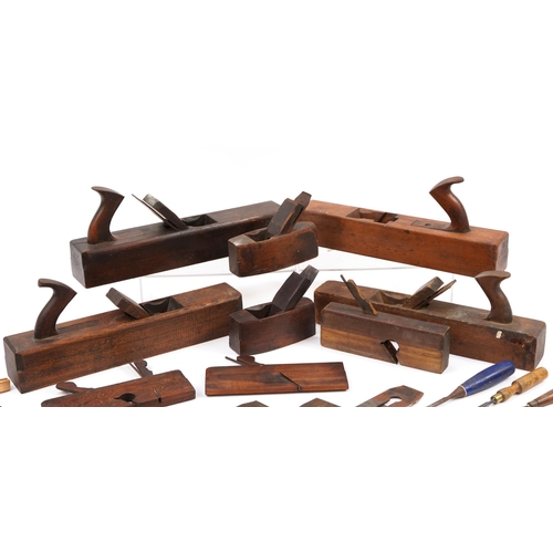 687 - Collection of vintage woodworking planes and chisels, the largest 42cm in length