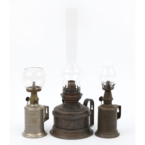 839A - Two vintage French oil lamps and one other, including a Pigeon lamp, the largest 40cm high overall