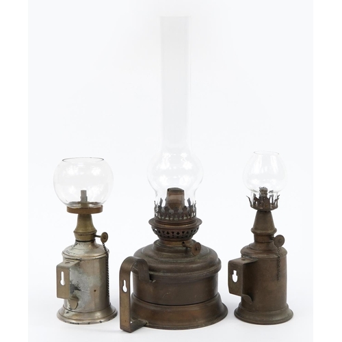 839A - Two vintage French oil lamps and one other, including a Pigeon lamp, the largest 40cm high overall