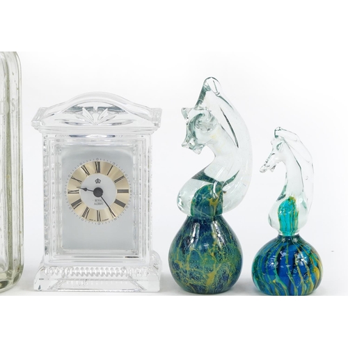 787 - Colourful glassware comprising Whitefriars tooth vase, two Mdina seahorse paperweights, two advertis... 