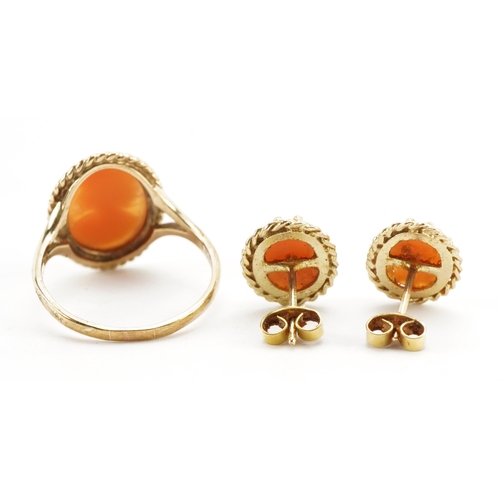 2083 - 9ct gold cameo maiden head ring and a pair of 9ct gold cameo maiden head stud earrings, the ring siz... 