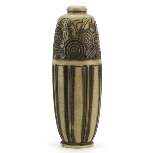 37 - Mougin Nancy, French Art Deco vase incised with stylised motifs, numbered 242 to the base, 38cm high